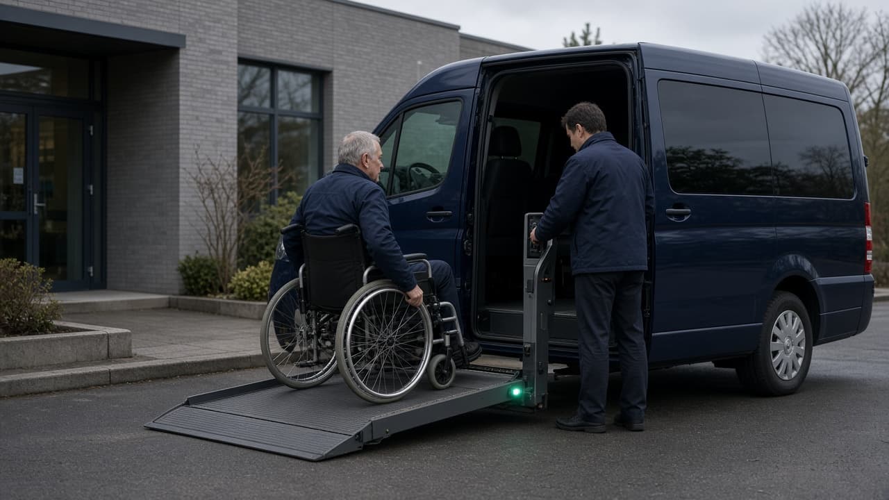 An adult passenger rolling onto the lift of a navy accessible van outside a clinic, with a driver at the lift control
