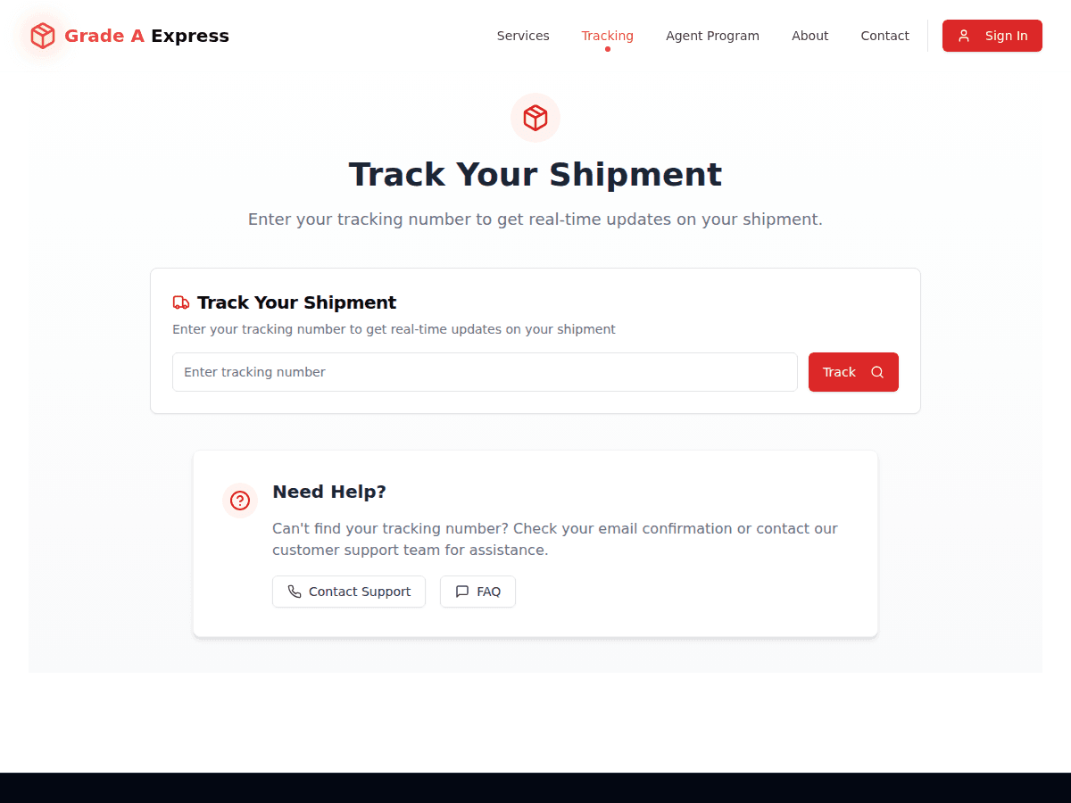 Grade A Express Track Your Shipment page with a tracking-number search field and a help panel