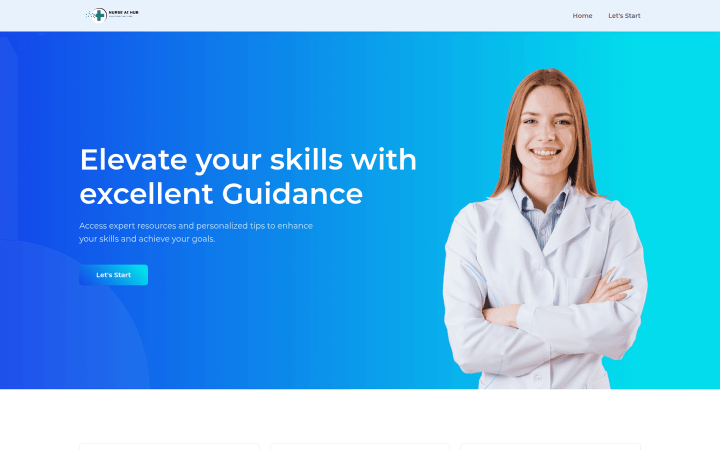 Nurse AI Hub homepage: “Elevate your skills with excellent Guidance” headline and a Let's Start button beside a smiling healthcare professional in a white coat