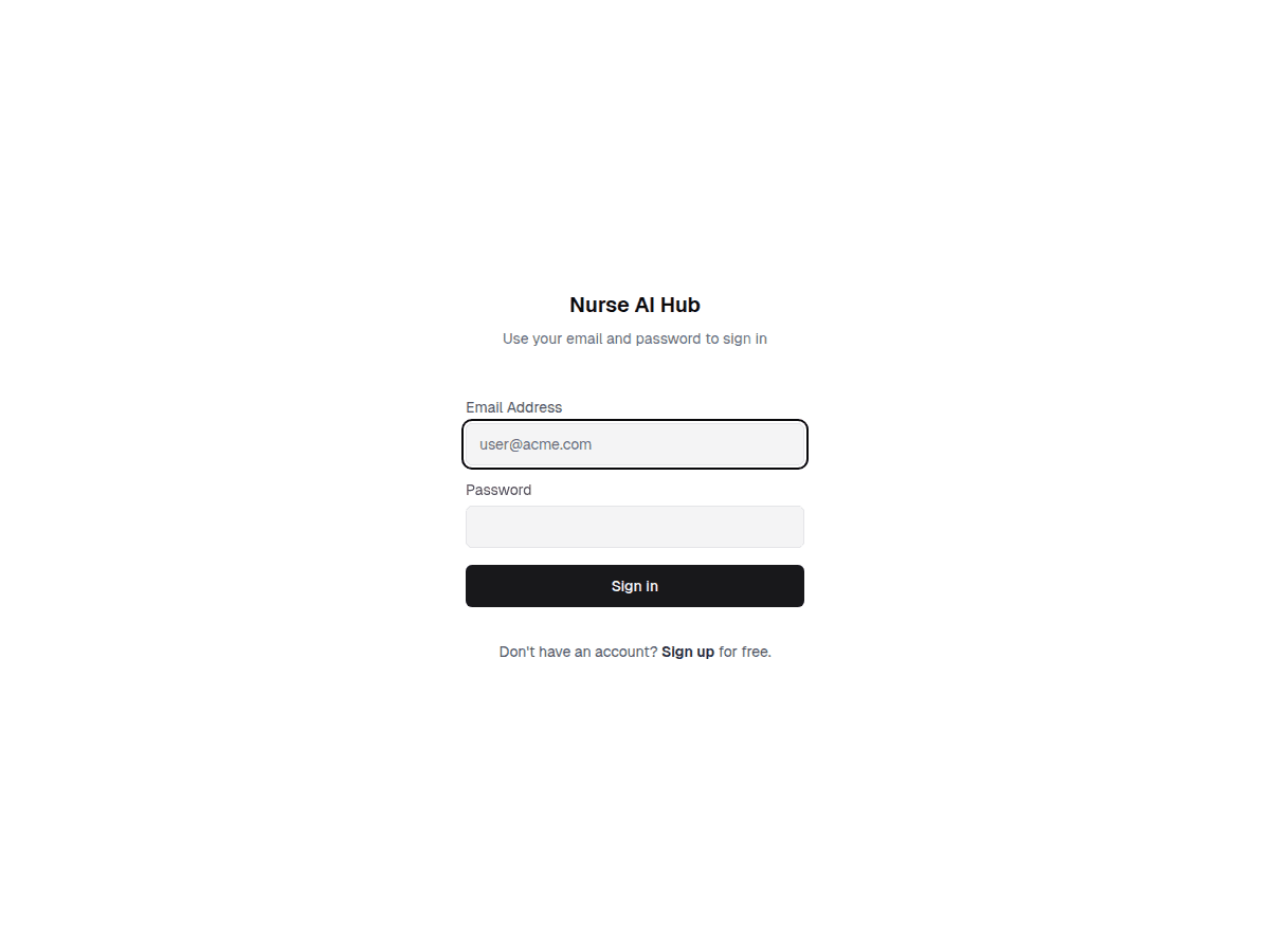 Nurse AI Hub assistant sign-in screen with email and password fields