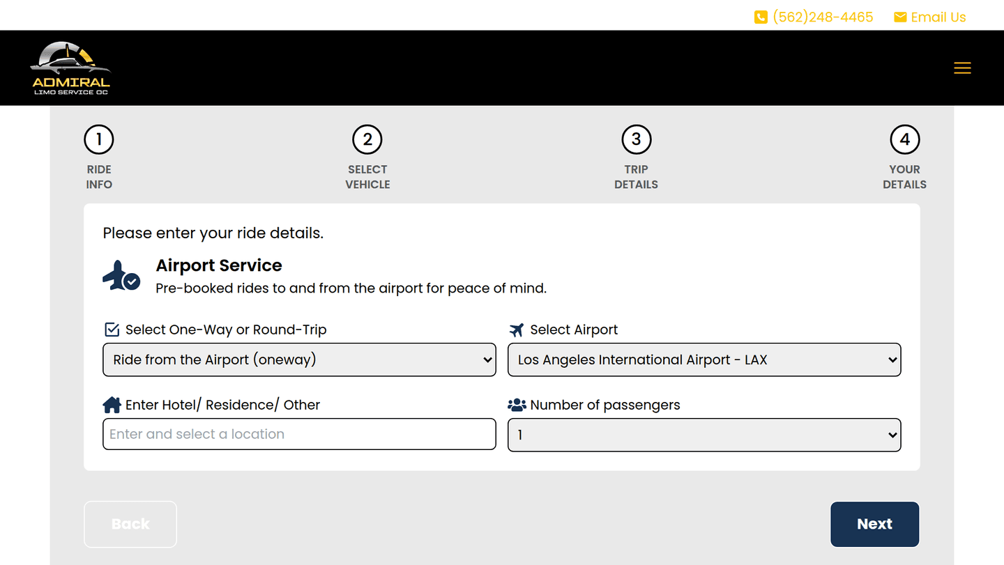 Admiral Limo Services booking flow with four numbered steps and the airport service ride details form
