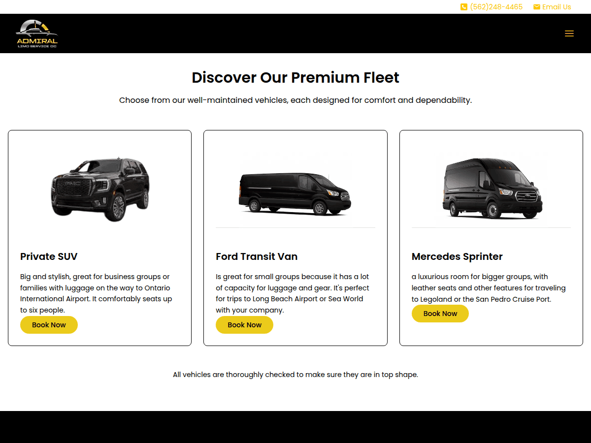 Premium fleet section showing a private SUV, a Ford Transit van and a Mercedes Sprinter